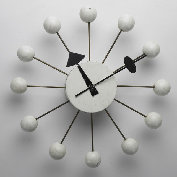 GEORGE NELSON & ASSOCIATES; HOWARD MILLER; Atomic: GEORGE NELSON & ASSOCIATES; HOWARD MILLER; Atomic wall clock (Model 4755), USA ca. 1950; Painted wood and enameled metal; Howard Miller label; 2 3/4'' x 13 1/2'' dia