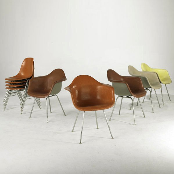 CHARLES AND RAY EAMES; HERMAN MILLER; Set of nine: CHARLES AND RAY EAMES; HERMAN MILLER; Set of nine chairs: five arm and four side, USA, 1950s/60s; Painted fiberglass, zinc-plated metal and plastic; Some have metal label and paper labels; Armchair: 3