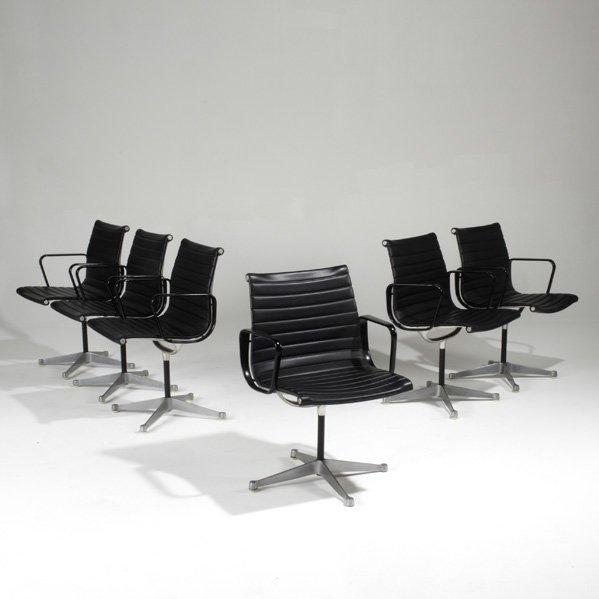 CHARLES AND RAY EAMES; HERMAN MILLER; Set of six : CHARLES AND RAY EAMES; HERMAN MILLER; Set of six Aluminum Group armchairs, USA, 1950s; Aluminum, vinyl, plastic and painted aluminum; All embossed; Each: 33'' x 22'' x 20''