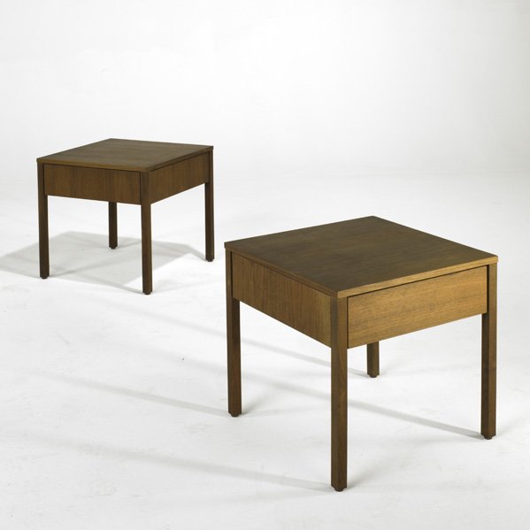 RICHARD SCHULTZ; KNOLL ASSOCIATES; Pair of single-: RICHARD SCHULTZ; KNOLL ASSOCIATES; Pair of single-drawer walnut sofa tables, USA, 1950s; Labeled; Each: 18 1/2'' x 19 1/2'' x 19 1/2''