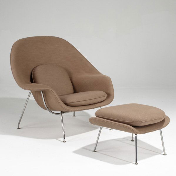EERO SAARINEN; KNOLL STUDIO; Womb chair and ottoma: EERO SAARINEN; KNOLL STUDIO; Womb chair and ottoman, USA, 1990s; Chromed steel and upholstery; Unmarked; Chair: 36'' x 41'' x 36'' ottoman: 17 1/2'' x 25'' x 21''