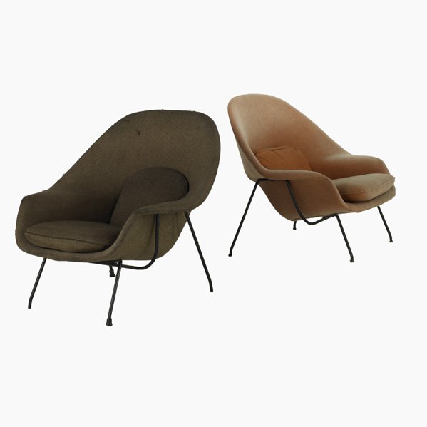 EERO SAARINEN; KNOLL ASSOCIATES; Pair of Womb chai: EERO SAARINEN; KNOLL ASSOCIATES; Pair of Womb chairs, USA, 1950s; Upholstery and enameled steel; Unmarked; Each: 37'' x 40'' x 36''