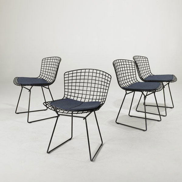 HARRY BERTOIA; KNOLL INC; Set of four side chairs,: HARRY BERTOIA; KNOLL INC; Set of four side chairs, USA, 2000s; Plastic coated metal and wool upholstery; Paper labels; Each: 29'' x 21'' x 23''