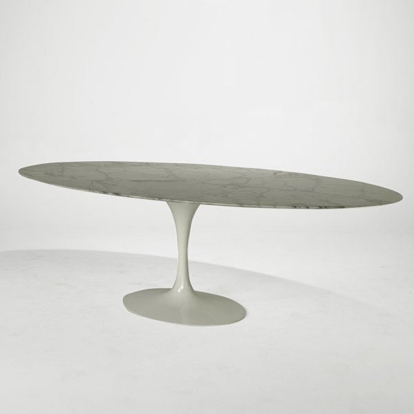 EERO SAARINEN; KNOLL STUDIO; Oval Tulip dining tab: EERO SAARINEN; KNOLL STUDIO; Oval Tulip dining table, USA, 2000s; Carrera marble and enameled aluminum; Metal label; 29'' x 96 1/2'' x 54 1/4''