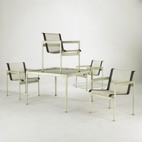 RICHARD SCHULTZ; KNOLL; Dining table and four armc: RICHARD SCHULTZ; KNOLL; Dining table and four armchairs, USA; 1960s; Mesh, leather, painted metal and enameled steel; Unmarked; Dining table: 26 1/2'' x 38'' sq. armchair: 29 1/2'' x 23 1/4'' x 25''