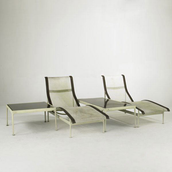 RICHARD SCHULTZ; KNOLL; Pair of fixed-back chaise: RICHARD SCHULTZ; KNOLL; Pair of fixed-back chaise lounges and two low tables, USA; 1960s; Mesh, leather, painted metal and enameled steel; Unmarked; Lounge: 33'' x 21 3/4'' x 60'', long table: 15 1/2'