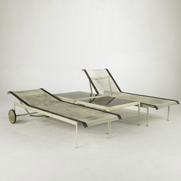 RICHARD SCHULTZ; KNOLL; Pair of reclining chaise l: RICHARD SCHULTZ; KNOLL; Pair of reclining chaise lounges and two low tables, USA; 1960s; Mesh, leather, painted metal and enameled steel; Unmarked; Flat: 14 3/4'' x 76'' x 25 1/2'' square tables: 15 1