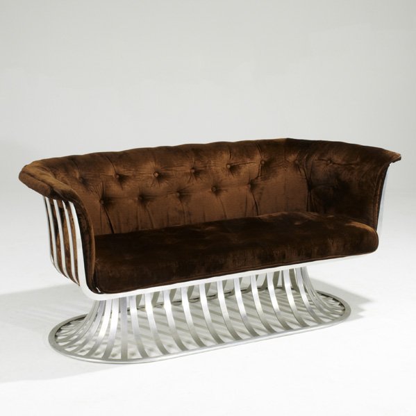 RUSSELL WOODARD; Settee, USA, 1950s; Polished alu: RUSSELL WOODARD; Settee, USA, 1950s; Polished aluminum and velour; Fabric label; 28'' x 64'' x 28''