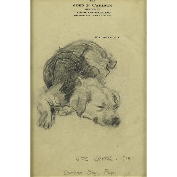 JOHN FABIAN CARLSON (American, 1874-1945); Pencil : JOHN FABIAN CARLSON (American, 1874-1945); Pencil on paper drawing of a dog on Carlson Workshop (Woodstock, NY) letterhead (framed); Initialed, titled, and dated 1919; 8 3/4'' x 5 3/4'' (sight)