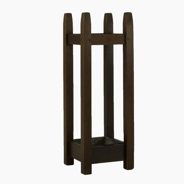 GUSTAV STICKLEY; Tapered post umbrella stand (no. : GUSTAV STICKLEY; Tapered post umbrella stand (no. 54), complete with copper drip pan; Unmarked; 33 1/2'' x 11 1/2'' sq.