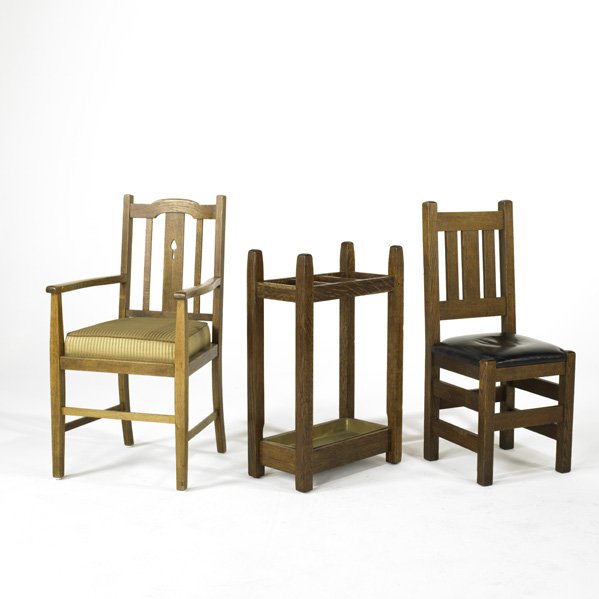 GUSTAV STICKLEY, ETC; Pencil post umbrella stand w: GUSTAV STICKLEY, ETC; Pencil post umbrella stand with original liner together with Arts & Crafts side chair and English Arts & Crafts armchair; Oak, brass-washed steel and upholstery, early 20th c.; U