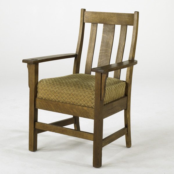 STICKLEY BROTHERS; Armchair with curved vertical b: STICKLEY BROTHERS; Armchair with curved vertical back slats, drop-in spring seat; Quartersawn oak and fabric upholstery, early 20th c.; Unmarked; 39'' x 26'' x 23''