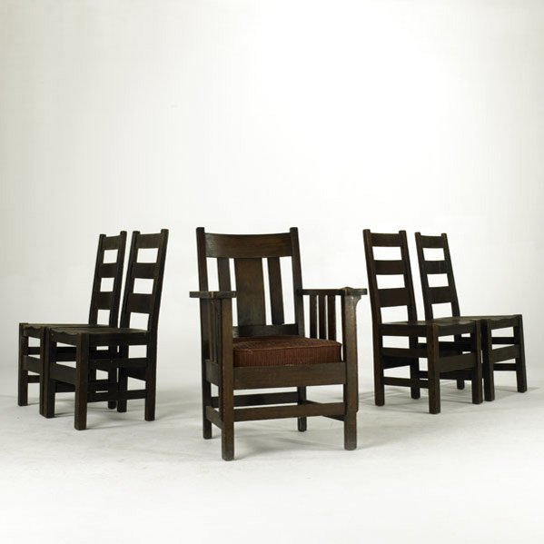 STICKLEY BROTHERS, ETC; Four ladder back side chai: STICKLEY BROTHERS, ETC; Four ladder back side chairs, USA, 20th c.; Quartersawn oak; All with ''Quaint'' metal tags together with Arts side chair, Unmarked; Each side chair: 37'' x 18 1/2'' x 18''