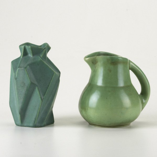 RUBEN HAILEY, MUNCIE; SHEARWATER; Ruba Rombic vase: RUBEN HAILEY, MUNCIE; SHEARWATER; Ruba Rombic vase in mat green together with Shearwater pitcher; Muncie unmarked; Larger: 6'' x 4''