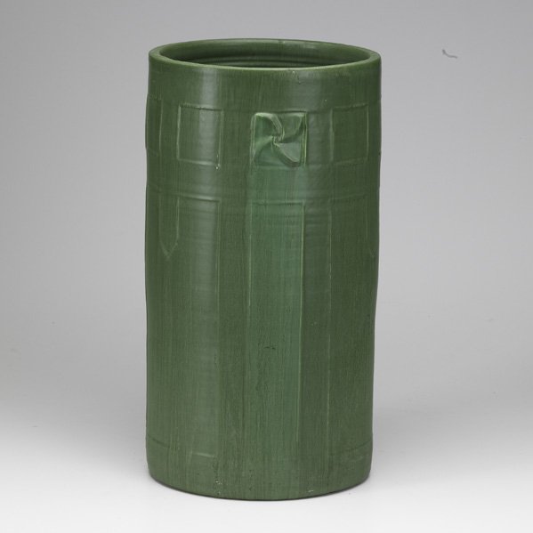 KEVIN HICKS; EPHRAIM POTTERY; Contemporary umbrell: KEVIN HICKS; EPHRAIM POTTERY; Contemporary umbrella stand in the Arts and Crafts tradition, with mat green glaze; Stamped; 21'' x 11''