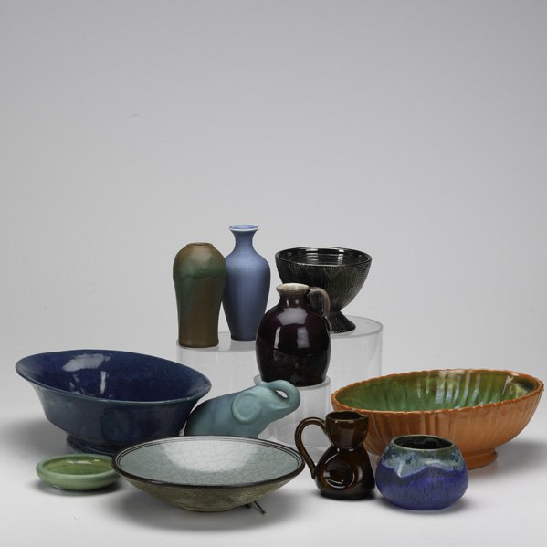 AMERICAN ART POTTERY; Eleven pieces: Van Briggle e: AMERICAN ART POTTERY; Eleven pieces: Van Briggle elephant, Myrt Purkiss bowl, Fulper squat bowl, etc.; Most marked; Tallest: 6''