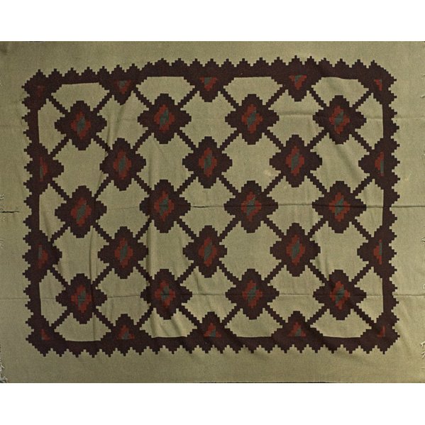 DRUGGET; Woven wool rug, geometric pattern of four: DRUGGET; Woven wool rug, geometric pattern of four assembled pieces; Provenance: property of a private collector, Delaware; Unmarked; 118'' x 100''