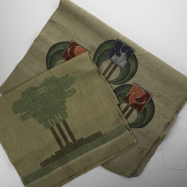 ARTS AND CRAFTS TEXTILES; Two embroidered linen t: ARTS AND CRAFTS TEXTILES; Two embroidered linen table runners with roses and trees; Unmarked; Larger: 52'' x 22''
