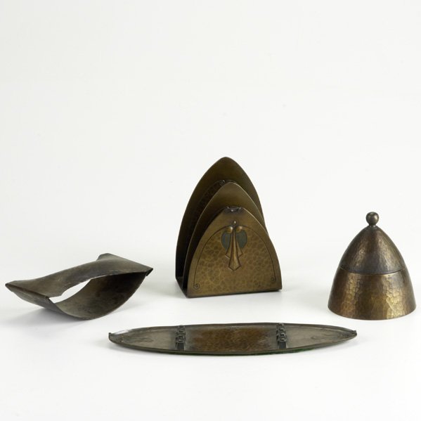 ROYCROFT; Four hammered copper desk pieces: pen tr: ROYCROFT; Four hammered copper desk pieces: pen tray, inkwell, letter holder, and blotter; All marked; Tallest: 5''