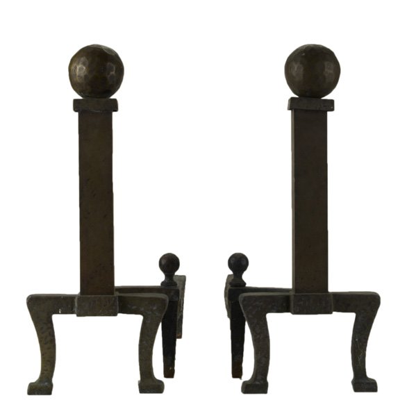 ARTS & CRAFTS STYLE ANDIRONS: Pair of brass and ca: ARTS & CRAFTS STYLE ANDIRONS: Pair of brass and cast-iron, 20th c.; Unmarked; 18 1/2'' x 7 1/2'' x 19''