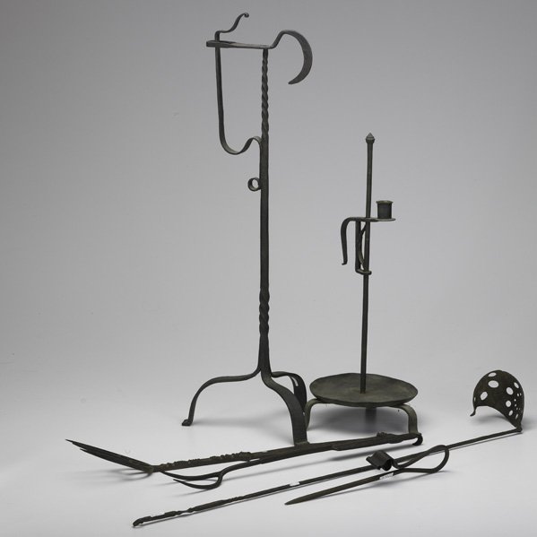 WROUGHT-IRON; Six implements, 18th/20th c. three : WROUGHT-IRON; Six implements, 18th/20th c. three candle holders, two forks, and potato roaster; Unmarked; Longest: 30''