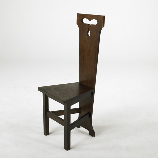 MICHIGAN CHAIR CO. (Attr.); Plank back hall chair : MICHIGAN CHAIR CO. (Attr.); Plank back hall chair with heart cut-out, early 20th c.; Unmarked; 42'' x 16'' x 16 1/2''
