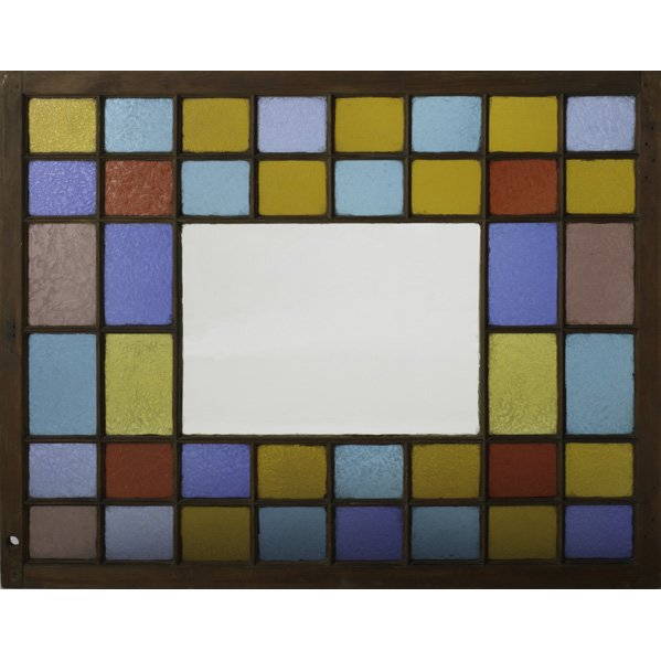 HALL MIRROR; Constructed from a period stained gla: HALL MIRROR; Constructed from a period stained glass window tinted with a central mirror pane; Pine, glass and mirror, 20th c.; 42'' x 54''