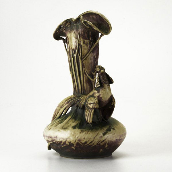 AMPHORA; Woodland pheasant vase, early 20th c.; Im: AMPHORA; Woodland pheasant vase, early 20th c.; Impressed Amphora mark # 4104 and artist mark E.S; 19 1/2'' x 11''