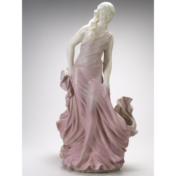 DELPHIN MASSIER; Tall Art Nouveau faience figure a: DELPHIN MASSIER; Tall Art Nouveau faience figure and jardiniere, Vallauris France, 1880s; Signed Delphin Massier Vallauris M; 34'' x 20'' x 14''