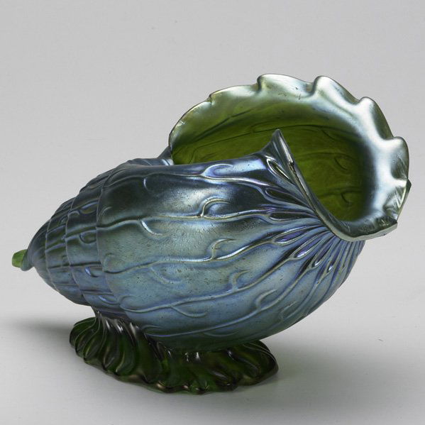 STYLE OF LOETZ: STYLE OF LOETZ; Conch vase in blue and green lustre, early 20th c.; Unmarked; 8" x 13" x 6"