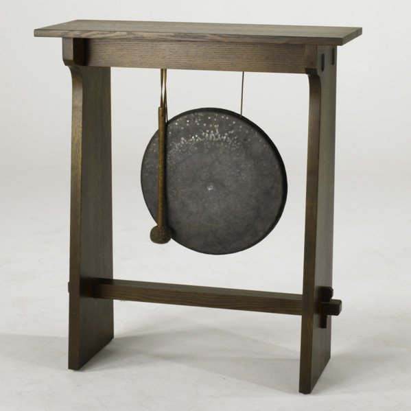 STICKLEY BY E. J. AUDI; Contemporary Gustav Stickl: STICKLEY BY E. J. AUDI; Contemporary Gustav Stickley style dinner gong; Quartersawn oak, patinated metal and cotton cord, late 20th c.; Branded/metal tag; 36 1/4'' x 31'' x 12''