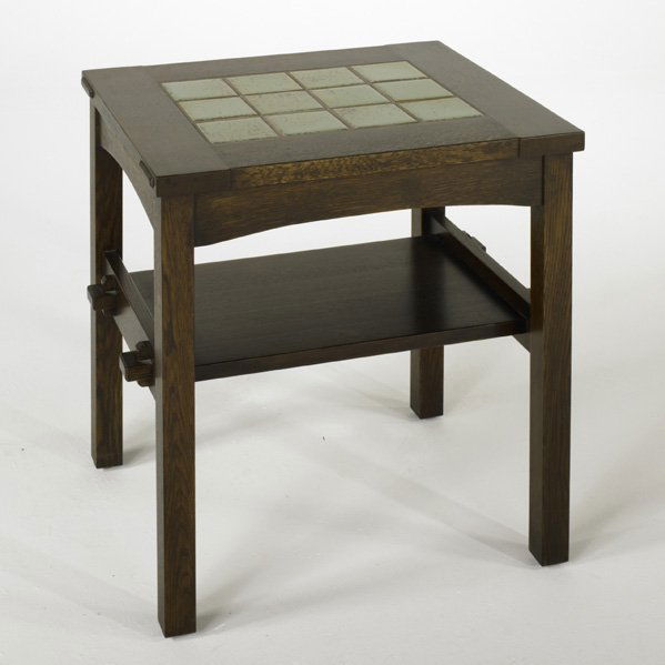 STICKLEY BY E.J. AUDI; Contemporary Gustav Stickle: STICKLEY BY E.J. AUDI; Contemporary Gustav Stickley style tile-top table; Quartersawn oak, oak veneer and ceramic tile, late 20th c.; Branded metal tag; 26 1/2'' x 24 1/2'' x 20 1/2''