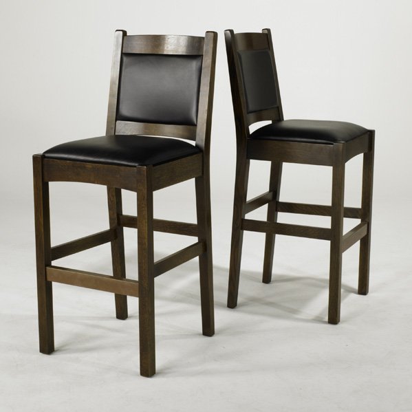 STICKLEY BY E. J. AUDI; Pair of Contemporary Stick: STICKLEY BY E. J. AUDI; Pair of Contemporary Stickley style barstools; Quartersawn oak, copper and vinyl upholstery, late 20th c.; Branded/metal tag; 45'' x 18 1/2'' x 19''
