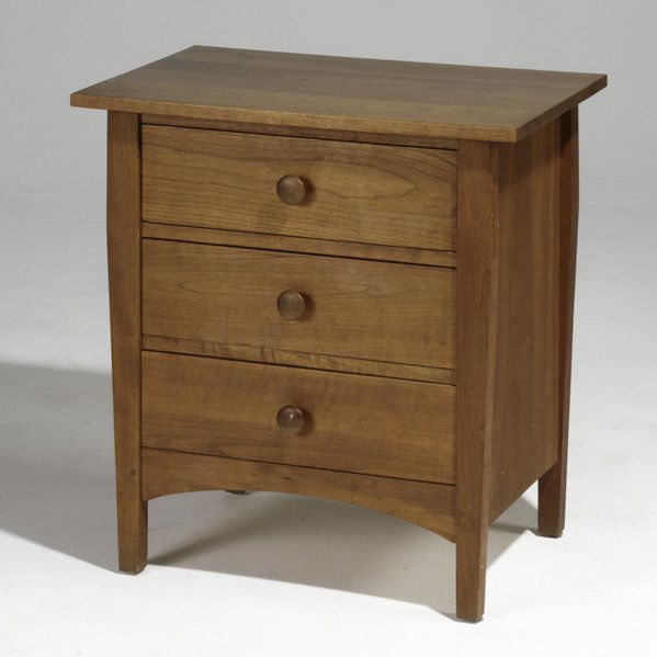 STICKLEY BY E.J. AUDI; Contemporary Arts & Crafts: STICKLEY BY E.J. AUDI; Contemporary Arts & Crafts nightstand, USA, late 20th c.; Cherry and cherry veneer; Stamped/metal tag/Leopold original tag; 27 1/4'' x 26'' x 17''