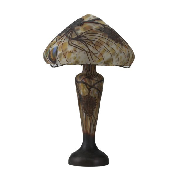 GALLE STYLE LAMP; Cameo glass shade and base, late: GALLE STYLE LAMP; Cameo glass shade and base, late 20th c.; 23'' tall