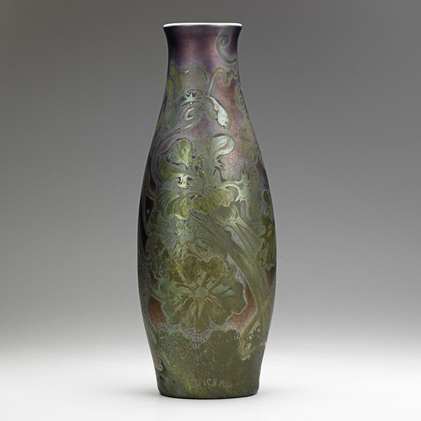 JACQUES SICARD; WELLER; Tall vase with nasturtium,: JACQUES SICARD; WELLER; Tall vase with nasturtium, USA, ca. 1907; Signed Sicard Weller; 15 1/2'' x 5 3/4''