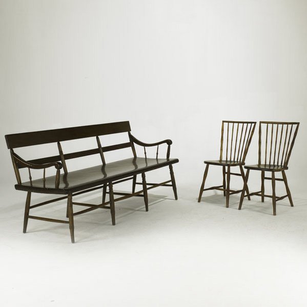 COUNTRY FURNITURE GROUP; Deacon bench with plank s: COUNTRY FURNITURE GROUP; Deacon bench with plank seat together with two rodback Windsor side chairs, early 19th c.; Bench: 34'' x 72 1/2'' x 26 1/2''