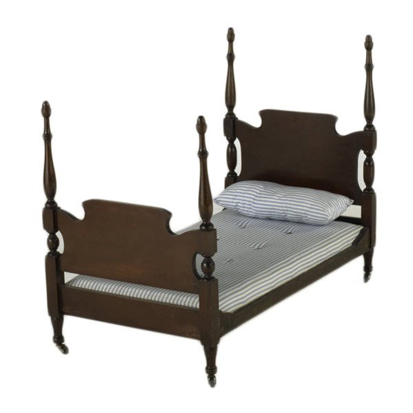 DOLL FURNITURE; Four-posted mahogany bed with matt: DOLL FURNITURE; Four-posted mahogany bed with mattress and pillow, 20th c.; 26'' x 33 1/2'' x 18 1/2''
