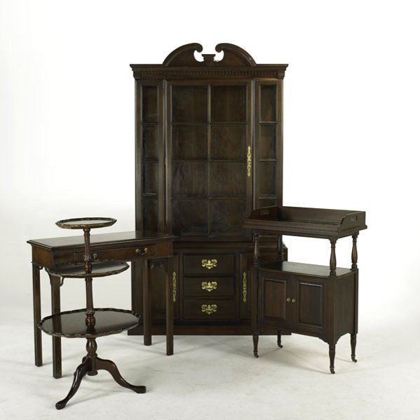 TRADITIONAL DINING ROOM FURNITURE; Four mahogany p: TRADITIONAL DINING ROOM FURNITURE; Four mahogany pieces: breakfront, bar cabinet, three-tiered tray table, single-drawer server, all 20th c. reproductions; Breakfront: 85 1/2'' x 48'' x 15 1/4''