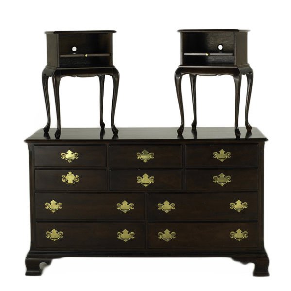 TRADITIONAL BEDROOM FURNITURE; Three mahogany piec: TRADITIONAL BEDROOM FURNITURE; Three mahogany pieces: long chest and two nightstands, all 20th c. reproductions; Long chest: 33 1/4'' x 58'' x 19 1/4''