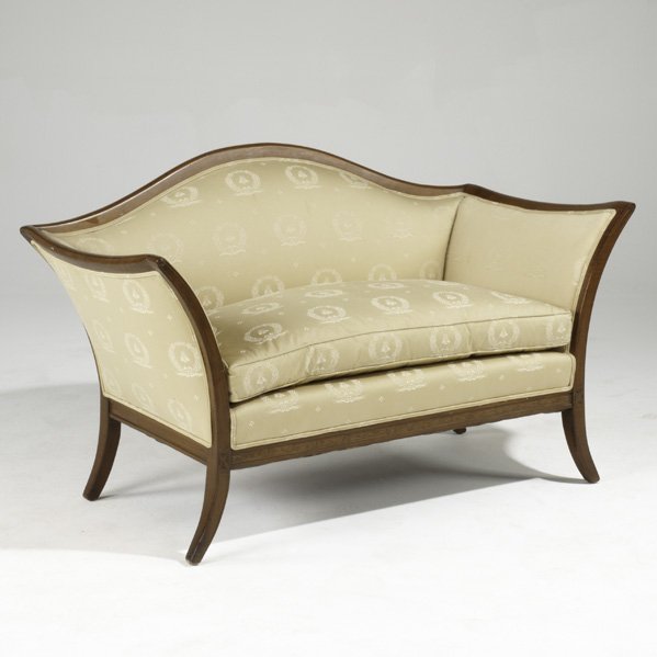 CAMEL BACK SETTEE; Upholstery, stained maple frame: CAMEL BACK SETTEE; Upholstery, stained maple frame; DIMS