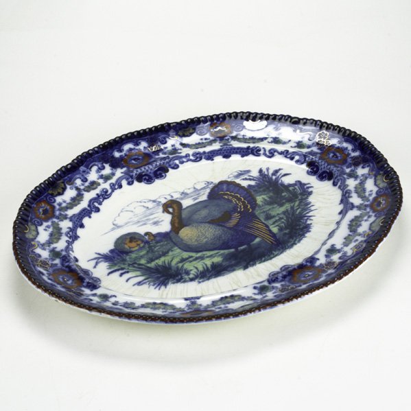TURKEY PLATTER; English flow blue with hand decora: TURKEY PLATTER; English flow blue with hand decorated highlights; Marked: 21 1/4'' x 17''