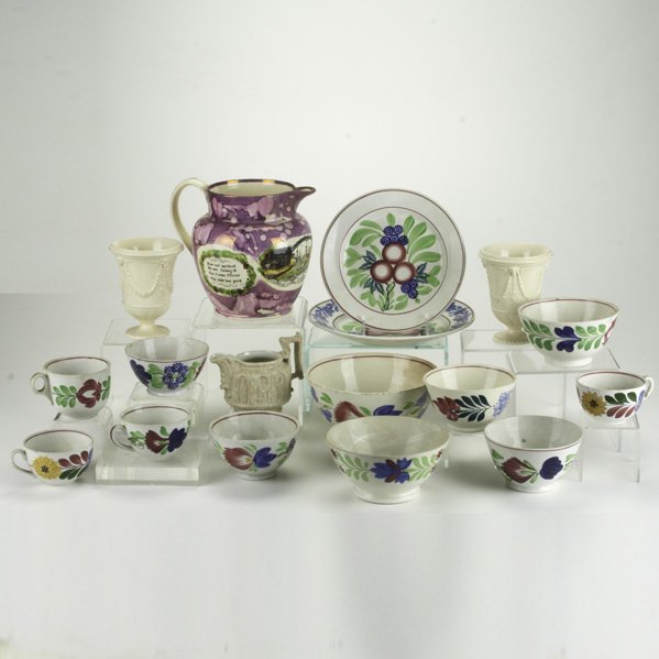 ENGLISH AND EUROPEAN PORCELAIN; Seventeen pieces, : ENGLISH AND EUROPEAN PORCELAIN; Seventeen pieces, 19th/20th c.: Sunderland Lusterware pitcher, Parian creamer, pair Wedgwood Queensware urns, thirteen pieces assorted gaudy Welsh style pieces; Some ma