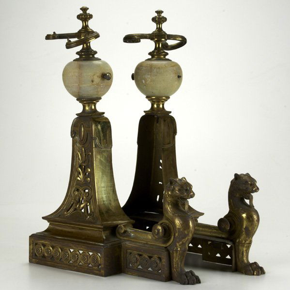 ANDIRONS; Pair of brass and marble with gryphon fe: ANDIRONS; Pair of brass and marble with gryphon feet, 19th/20th c.; 16'' x 7'' x 18''