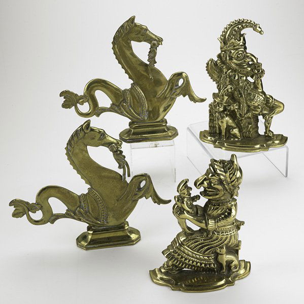 TWO PAIR OF FIGURAL ANDIRONS; Punch and Judy and s: TWO PAIR OF FIGURAL ANDIRONS; Punch and Judy and seahorses, 20th c.; Taller: 11 3/4''