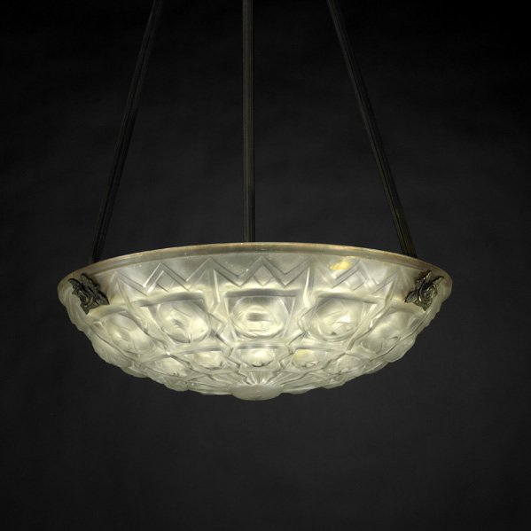 NOVERDY; Art Deco hanging fixture with roses, Fran: NOVERDY; Art Deco hanging fixture with roses, France, 1930s; Cast and frosted glass, patinated metal and three-socket; Glass shade embossed Noverdy, France Depose; 25'' x 13 3/4'' dia.