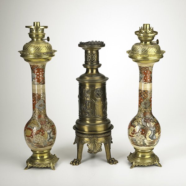 LIGHTING GROUP; Pair of Satsuma column lamps toget: LIGHTING GROUP; Pair of Satsuma column lamps together with Barbedienne Foundry lamp with classical figures, 19th/20th c.; Taller: 22 1/4''