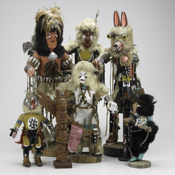 NATIVE AMERICAN; Group of five Kachinas and two wo: NATIVE AMERICAN; Group of five Kachinas and two wood totem poles; Kachinas wood shells and fur; Two marked IMC Brown Ship Rock N.M; Tallest: 25''