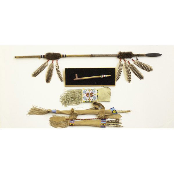 NATIVE AMERICAN; Four beaded items: Catlinite pipe: NATIVE AMERICAN; Four beaded items: Catlinite pipe, pipe bag, quiver with four arrows, wood bow and spear; Largest: 79''