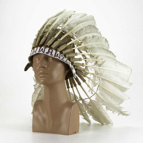 NATIVE AMERICAN; Group of five headdresses; Feathe: NATIVE AMERICAN; Group of five headdresses; Feathers, bead work, leather; Possibly ''Order of Redmen''; One has lodge name # 223; Largest: 66''